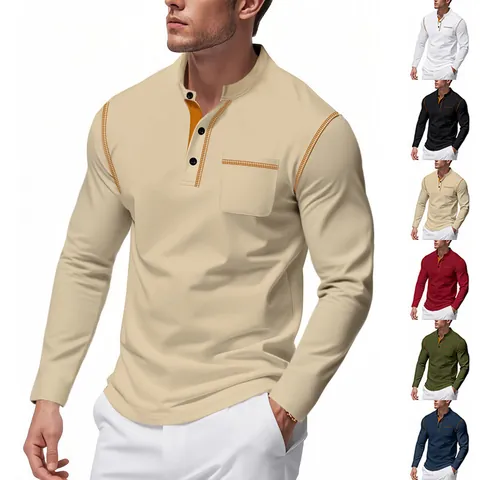 Heren Polo Shirt Lange Mouwen Opstaande Kraag Henley Tee Contraststiksels Casual Top Met Borstzak Business Sport Polo