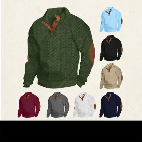 Men Stand Collar Long Sleeve Jacquard Sweatshirt Vintage Casual Top With Button Placket And Contrast Elbow Patches Polyester