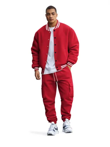 Men's American Stand Collar Baseball Jacket And Cargo Pants Set Fleece Lined Sportswear Winter Casual Top And Bottom