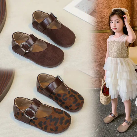 Meisjes Mary Jane Leren Schoenen Herfst Nieuwe Koreaanse Versie Luipaard Suède Prinsessen Schoenen Casual Antislip Kinder Platte Schoenen