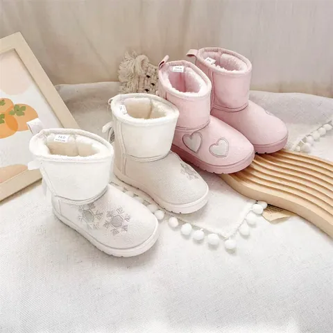Mädchen Winter Schneestiefel Fleece Gefüttert Warm Herz Schneeflocke Stickerei Mit Schleife Kleinkind Rutschfeste Baumwollschuhe