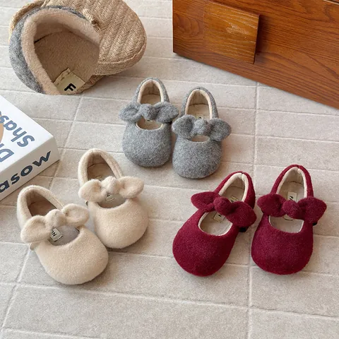Girl's French Felt Birkenstock Style Princess Shoes Winter Warm Fleece Lined Bow-Knot Cotton Shoes Korean Style Kids Flat Shoes