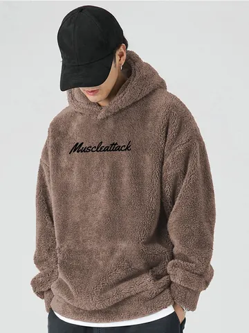 Felpa con Cappuccio in Pile Sherpa Pesante da Uomo Lettere Ricamate Tinta Unita Top Caldo Sportivo per Autunno Inverno