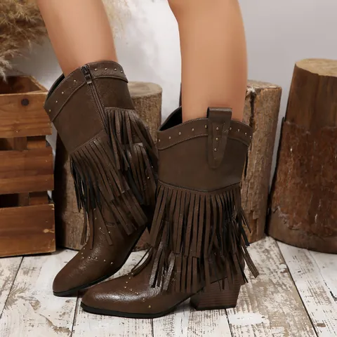 Westerse Cowboy Halfhoge Laarzen voor Dames Synthetisch Leer Kwastje Klinknagel Gesp Blokhak Spitse Neus Laarzen