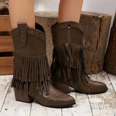 Westerse Cowboy Halfhoge Laarzen voor Dames Synthetisch Leer Kwastje Klinknagel Gesp Blokhak Spitse Neus Laarzen