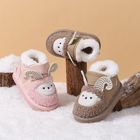 Baby Cartoon Sheep Snow Boots Winter Warm Plush Lining Soft Sole Toddler First Walkers Shoes Velcro Infant Winter Booties