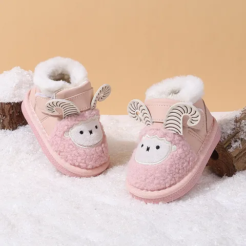 Baby Cartoon Sheep Snow Boots Winter Warm Plush Lining Soft Sole Toddler First Walkers Shoes Velcro Infant Winter Booties