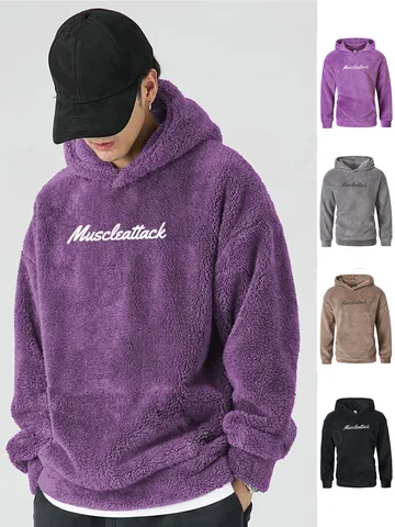 Felpa con Cappuccio in Pile Sherpa Pesante da Uomo Lettere Ricamate Tinta Unita Top Caldo Sportivo per Autunno Inverno