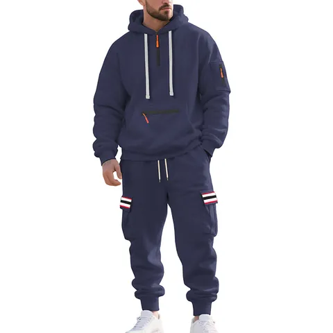 Men's American Style Workwear Fleece Tracksuit Top And Bottom Heavyweight Color Block Stripe Hoodie Sweatpants Casual Outfits