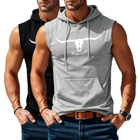 Men's Sleeveless Hooded Sport Gym Vest Polyester Tank Top With Bull Skull Pattern And Never Stop Printed Slogan Hoodie