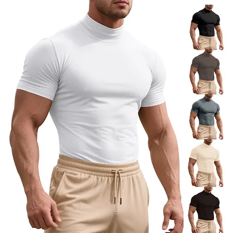 Men Athletic Compression T-Shirt Breathable High Neck Short Sleeve Sport Top For Running Gym Basketball Fitness Bodybuilder