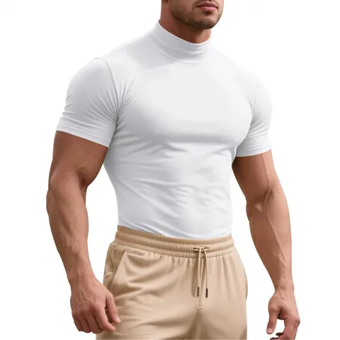 Men Athletic Compression T-Shirt Breathable High Neck Short Sleeve Sport Top For Running Gym Basketball Fitness Bodybuilder