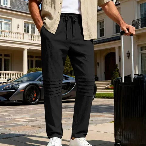 Pantalon Décontracté en Lin pour Hommes Respirant Plissé Jambe Droite Taille Élastique avec Cordon Style Minimaliste Rétro Américain