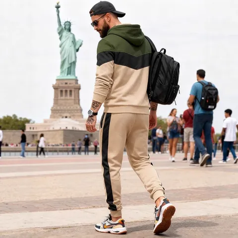 Men's Winter Fleece Lined Activewear Set Colorblock Hooded Sweatshirt And Sweatpants Top And Bottom Casual Tracksuit