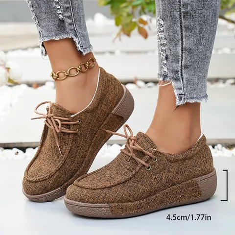 Dames Casual Canvas Plateauschoenen Vetersluiting Ademend Rocker Sole Sneakers Lente Herfst Dikke Zool Loafers Comfortabel Schoeisel