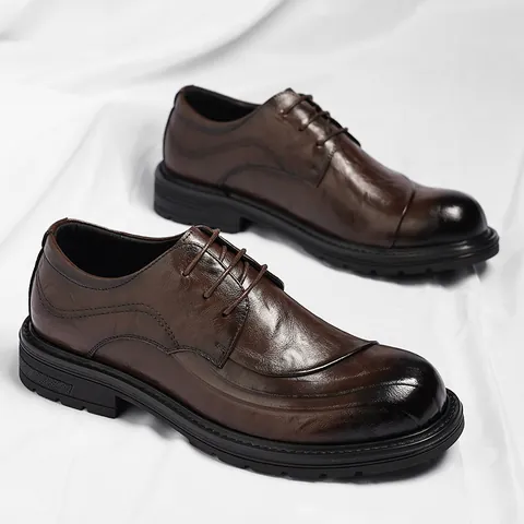 Chaussures Derby en Cuir Décontractées pour Hommes Style Britannique Rétro Bout Rond Lacets Semelle Épaisse Respirantes