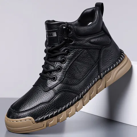 Men Genuine Leather Martin Boots Outdoor Non-slip High Top Work Boots Warm Fleece Lined Casual Autumn Winter Snow Boots