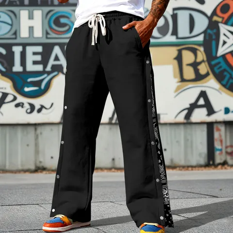 Men's Heavyweight American Hip Hop Casual Pants Paisley Print Side Snap Button Straight Leg Streetwear Sweatpants Trousers
