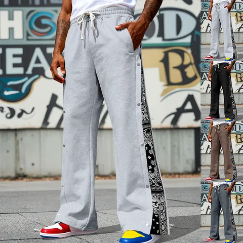 Men's Heavyweight American Hip Hop Casual Pants Paisley Print Side Snap Button Straight Leg Streetwear Sweatpants Trousers