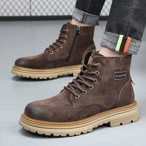 Classic Men Genuine Leather Martin Boots British Style Lace-up Side Zipper Work Boots Non-slip Warm Mid-calf Boots For Men