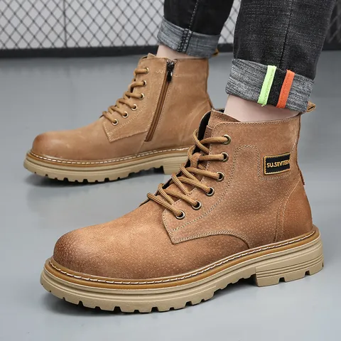 Classic Men Genuine Leather Martin Boots British Style Lace-up Side Zipper Work Boots Non-slip Warm Mid-calf Boots For Men