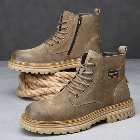 Bottines Martin en Cuir Véritable pour Hommes Hiver Style Britannique Bottes de Travail Semelle Épaisse Antidérapante Lacets Fermeture Éclair Chaude