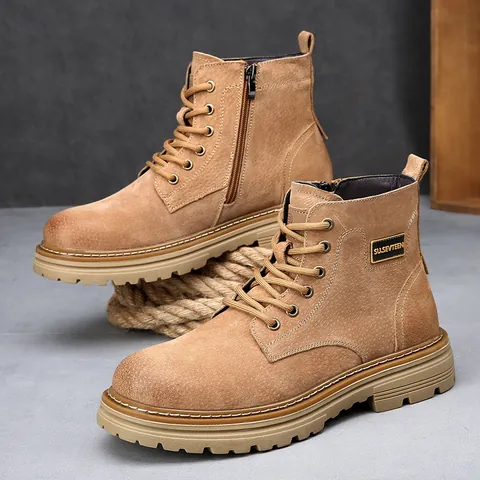 Bottines Martin en Cuir Véritable pour Hommes Hiver Style Britannique Bottes de Travail Semelle Épaisse Antidérapante Lacets Fermeture Éclair Chaude