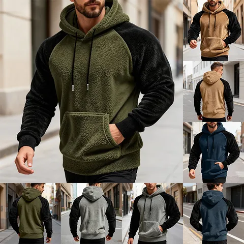 Herren Farbblock Polarfleece Hoodie Raglanärmel Pullover Oberteil Mit Kordelzug Kapuze Kängurutasche Thermofleece Sweatshirt Für Herbst Winter