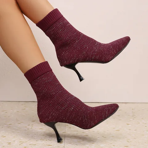 Women Pointed Toe Stiletto High Heel Sock Boots Glitter Elastic Knit Ankle Boots Fashion Slip On Slim Short Boots For Fall Winter