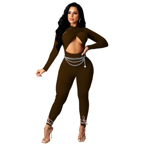 Women Sexy Long Sleeve Polyester Jumpsuit Crisscross Cutout Solid Color Skinny Bodysuit With Metal Chain Belt Nightclubwear