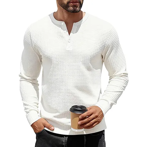 American Retro Men's Waffle Knit Henley Shirt Long Sleeve Heavyweight Loose Fit Jacquard Texture Fall Winter Casual Top