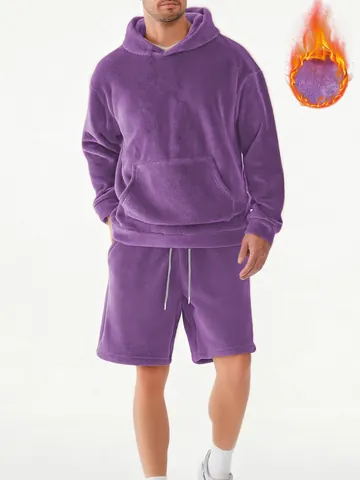 Tuta Uomo Invernale in Pile di Corallo Felpa con Cappuccio e Pantaloncini con Coulisse Caldo Velluto Bifacciale Abbigliamento Casual da Casa