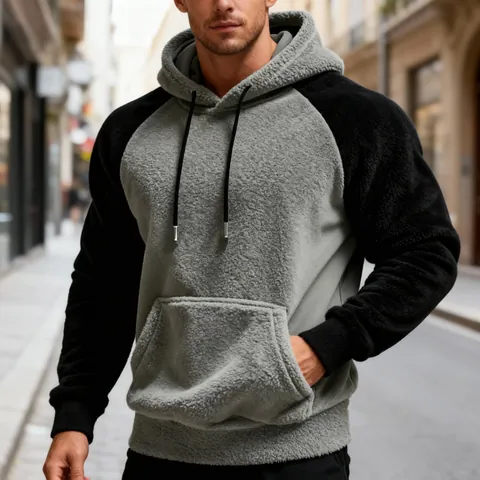 Herren Farbblock Polarfleece Hoodie Raglanärmel Pullover Oberteil Mit Kordelzug Kapuze Kängurutasche Thermofleece Sweatshirt Für Herbst Winter