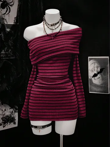 Gothic Off Shoulder Striped Mini Dress Women Long Sleeve Slim Fit Polyester Spandex Punk Style Casual Party Bodycon Dress