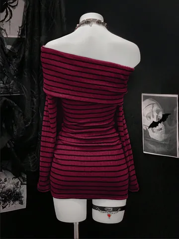 Gothic Off Shoulder Striped Mini Dress Women Long Sleeve Slim Fit Polyester Spandex Punk Style Casual Party Bodycon Dress