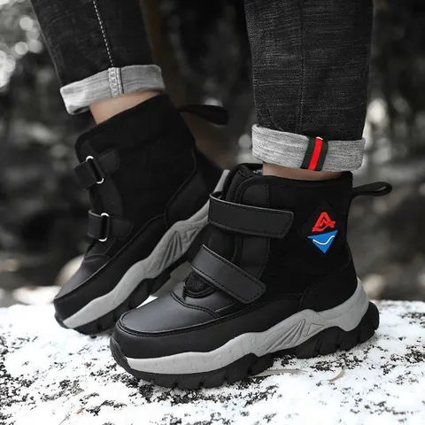Boys Snow Boots Winter Fleece Lined Warm High Top Outdoor Sneakers For Kids Non-Slip Hook And Loop Student Shoes