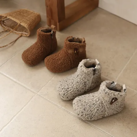 Girl's Winter Plush Boots Warm Faux Fur Lining Side Zipper Toddler Snowflake Sherpa Boots Anti-slip Fleece Outdoor Cotton Shoes