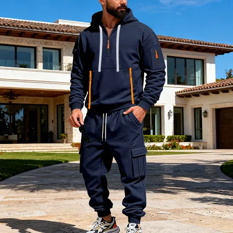 Herren Heavy Fleece Lässig Sportlich Outfits Halber Reißverschluss Kapuzenpullover Und Cargohose Warm Winter Top Und Bottom Streetwear Set