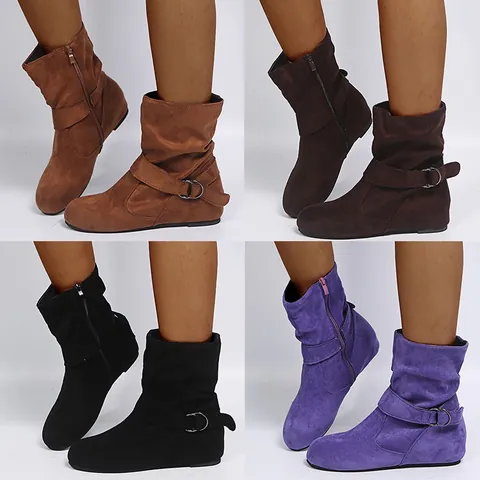 Dames Vintage Slouchy Enkellaarsjes Interne Verhoging Imitatiesuède Martin Boots Gesp Ronde Neus Mesh Western Cowboy Laarzen