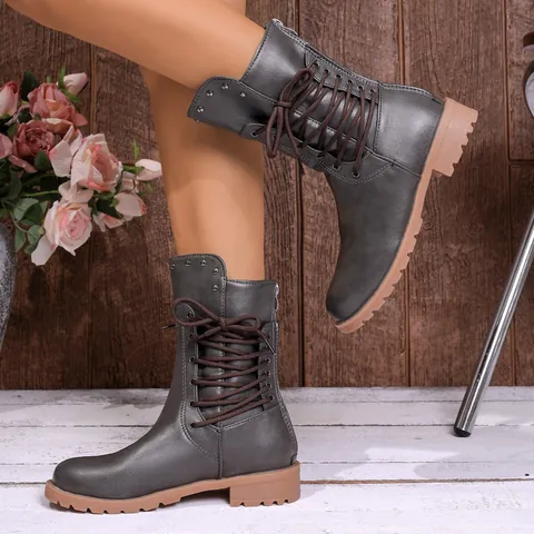 Retro Women Mid-calf Martin Boots Synthetic Leather PU Rivet Lace-up Back Zipper Non-slip Rubber Sole Autumn Winter Riding Boots