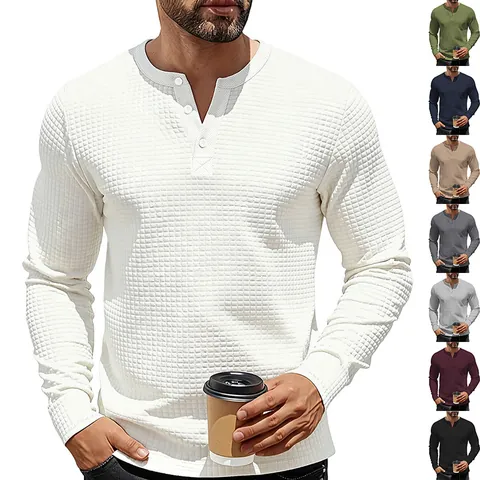 Men Retro Long Sleeve Henley Shirt Waffle Jacquard Texture Slim Fit Heavyweight Polyester Casual Sweatshirt Base Layer Top