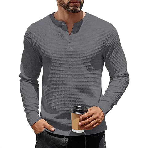 Men Retro Long Sleeve Henley Shirt Waffle Jacquard Texture Slim Fit Heavyweight Polyester Casual Sweatshirt Base Layer Top