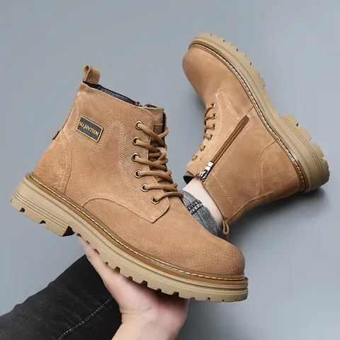 Bottines Martin Homme en Cuir Véritable Style Britannique Automne Hiver Lacées Bottes de Travail Chaudes Antidérapantes