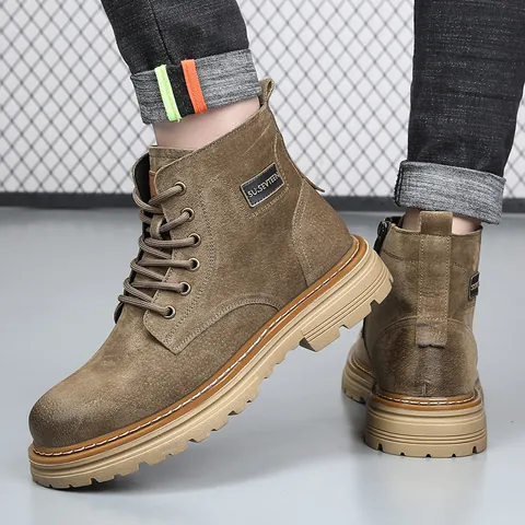 Men's Martin Boots Genuine Leather Winter Warm Fleece Lined Work Boots Vintage British Style Side Zipper Thick Sole Outdoor Shoes
