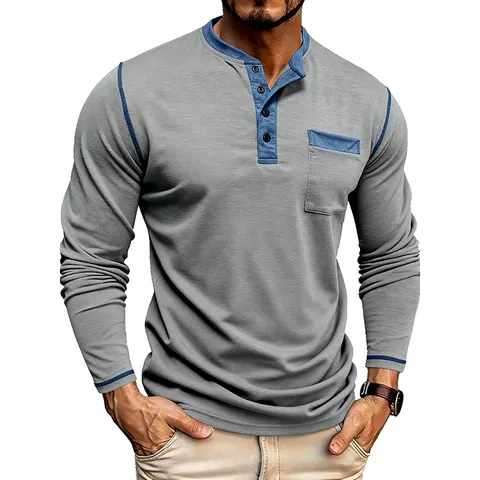Heren Mode Lange Mouwen Henley-shirt Contrast Stiksel Casual T-shirt Met Zak Katoenmix Zacht Ademend Top
