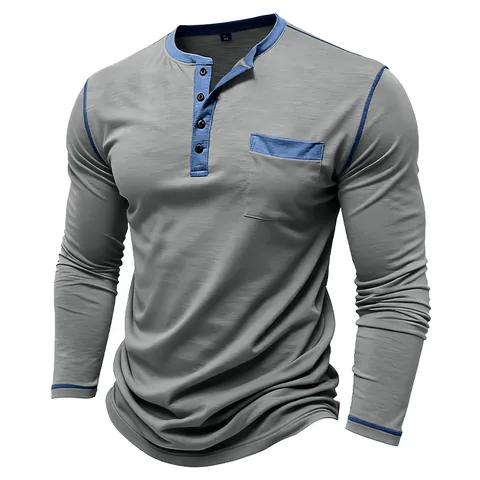 Heren Mode Lange Mouwen Henley-shirt Contrast Stiksel Casual T-shirt Met Zak Katoenmix Zacht Ademend Top