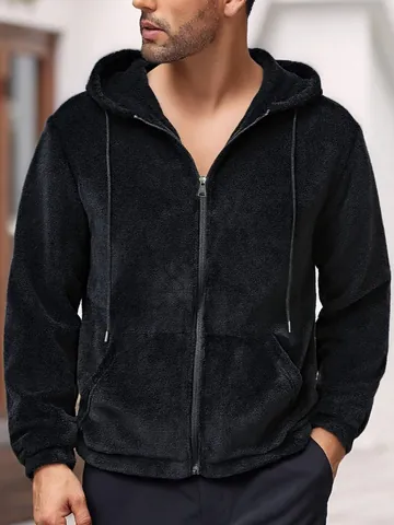 Men Casual Polar Fleece Hoodie Jacket Warm Solid Color Hooded Full Zipper Top For Autumn Winter Outdoor Sports Sweatshirt