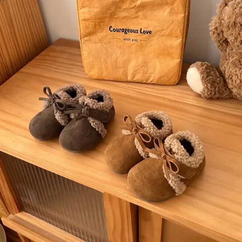 Zapatos de Algodón Estilo Birkenstock para Niños Retro Felpa Gruesa Cálida Zapatos para Caminar para Niños Niñas Invierno Casual Velcro Zuecos con Lazo