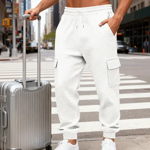 Pantaloni Cargo da Uomo Jacquard Strutturati Pesanti Jogger Casual a Nido d'Ape Pantaloni Sportivi Ampi con Tasche Multiple