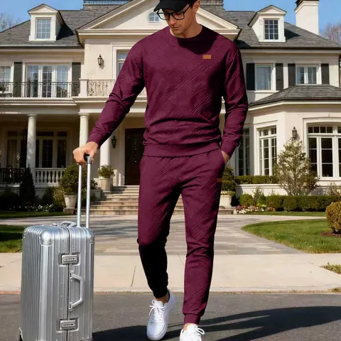 Men's Jacquard Knit Tracksuit Top And Bottom Sporty Casual Round Neck Pullover And Sweatpants Two Piece Set For Men